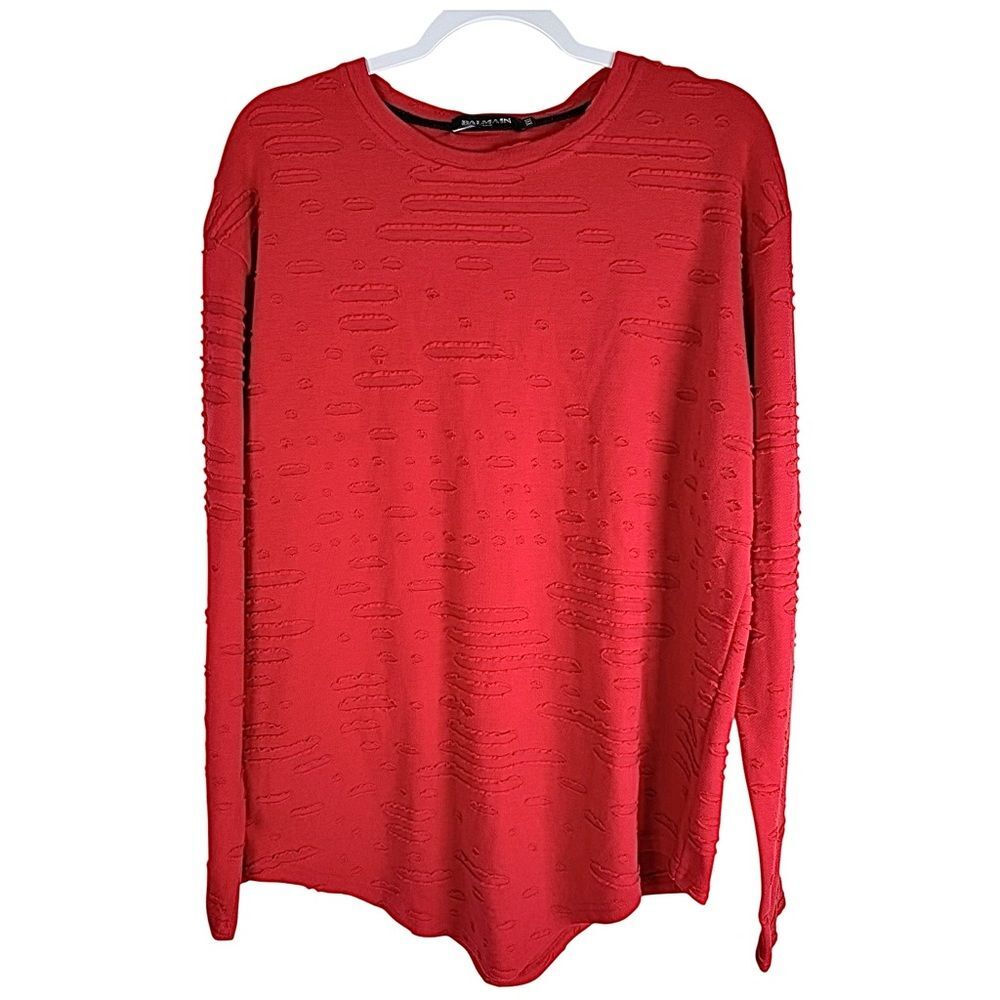 Balmain Paris 100% Cotton Solid Red Long Sleeve Distressed Crew Sweater Size XXL - Picture 1 of 7
